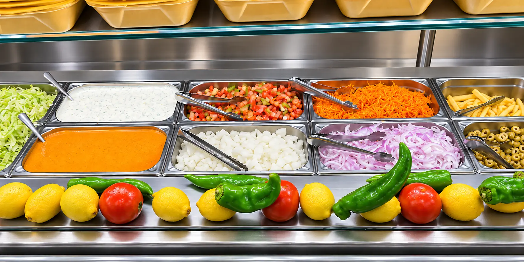 Barra de ingredientes frescos: verduras, salsas y limones