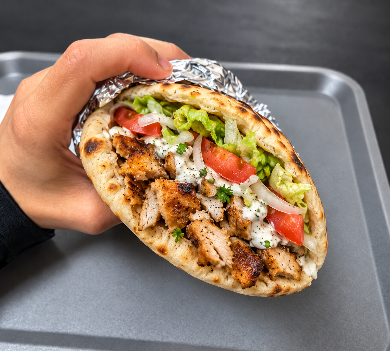 Pita kebab rellena de pollo, lechuga y tomate