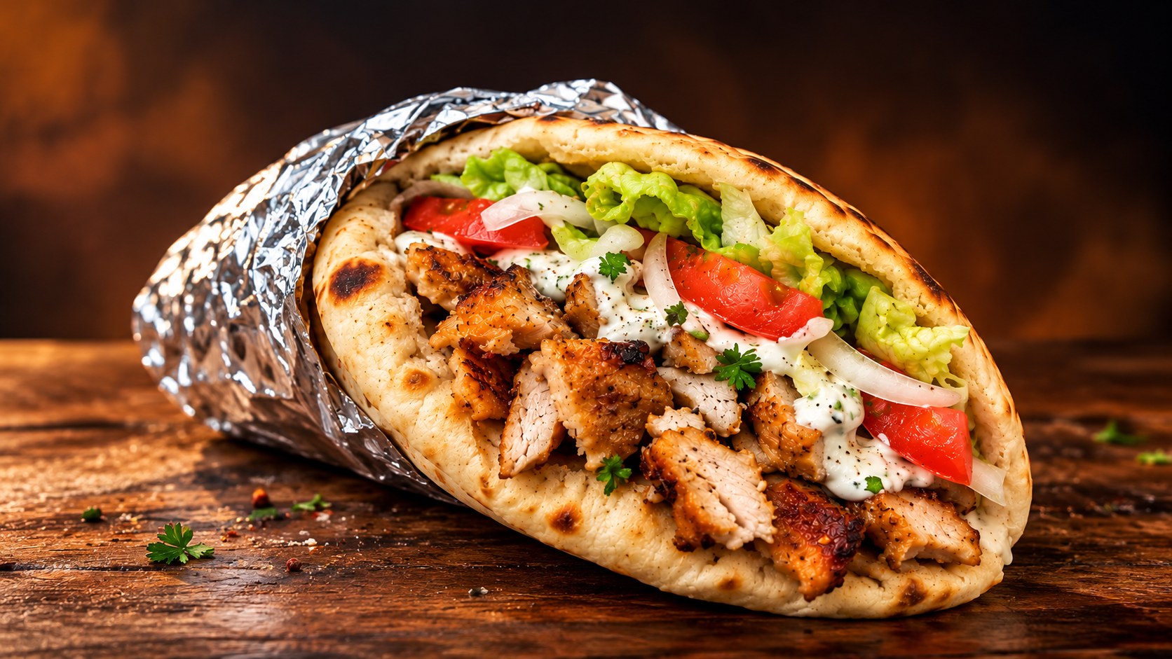 Pita Kebab: dürum de carne asada con tomate, lechuga, cebolla y salsa