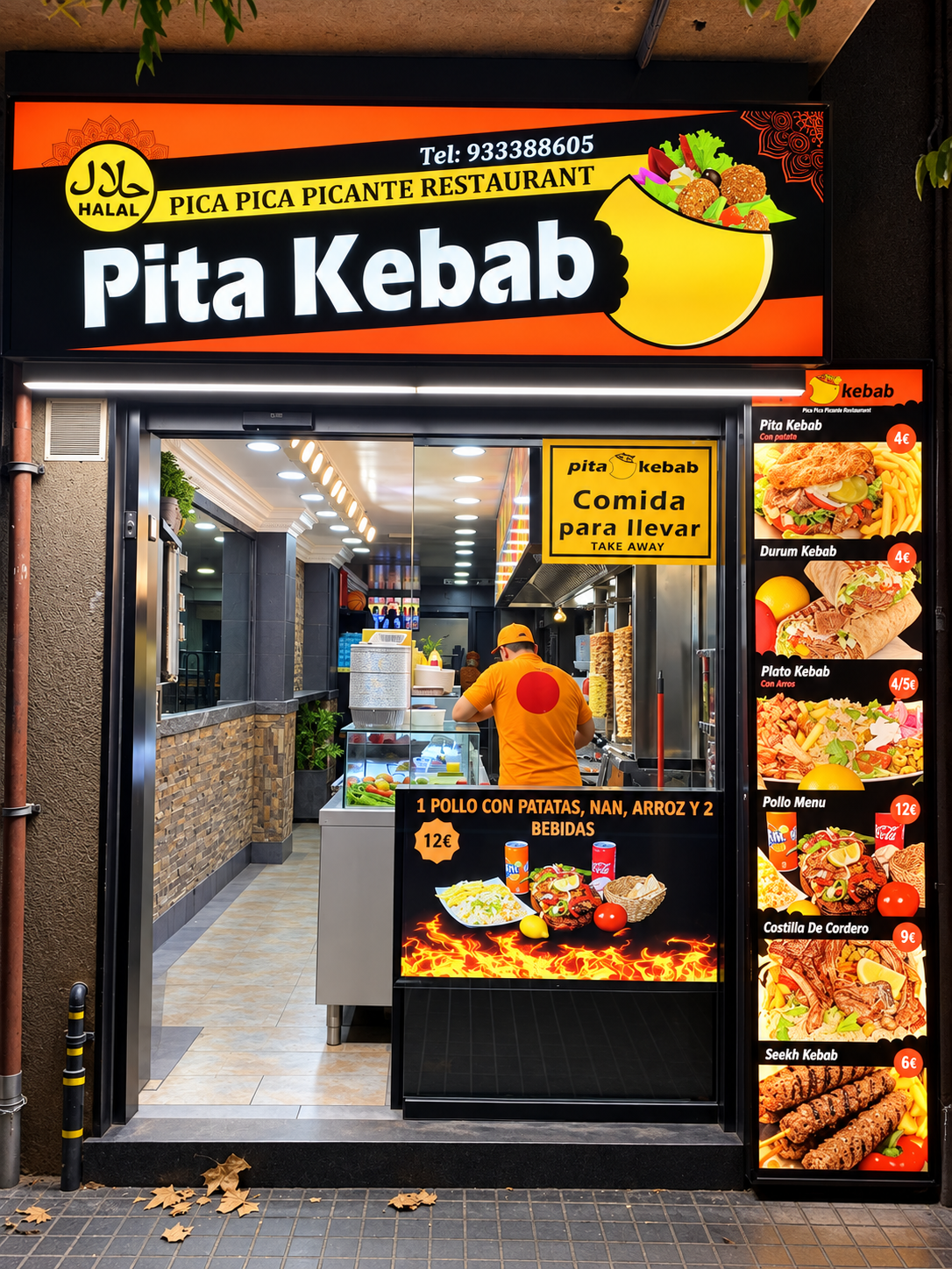 Entrada de Pita Kebab con su rótulo y el interior del restaurante